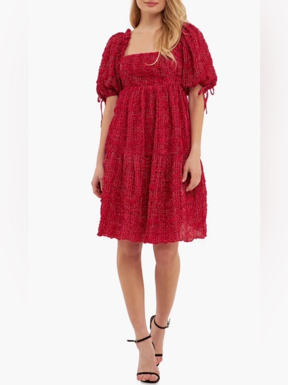 English Factory Red Smocked Puff Sleeve A-Line Dress NWOT Large